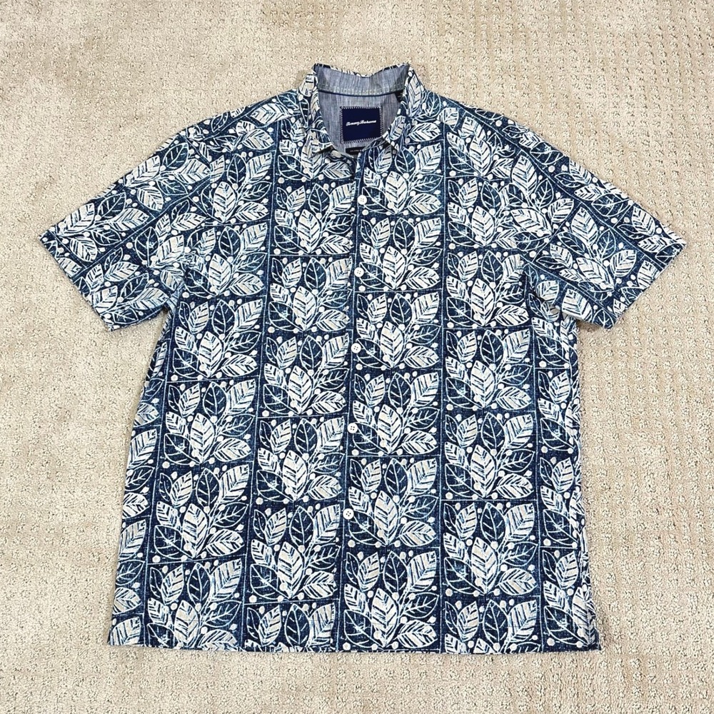 Tommy Bahama Shirt Mens Medium Silk Cotton Island Modern Fit Leaf Print Camp - Picture 2 of 6